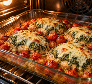 Spinach Pesto Mozzarella Chicken Bake cooking with melted cheese and tomatoes