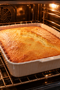 simple old-fashioned cake baking until golden in a rectangular dish