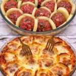 Raw meatballs arranged between potato slices above a finished meatball and potato casserole with golden melted cheese.