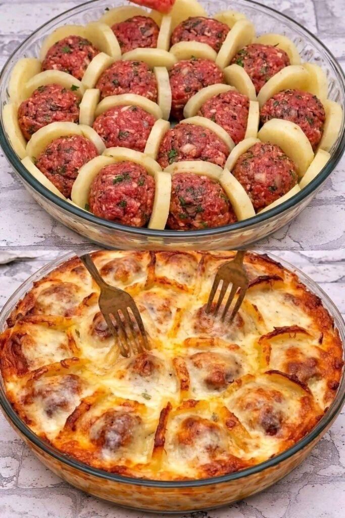 Raw meatballs arranged between potato slices above a finished meatball and potato casserole with golden melted cheese.
