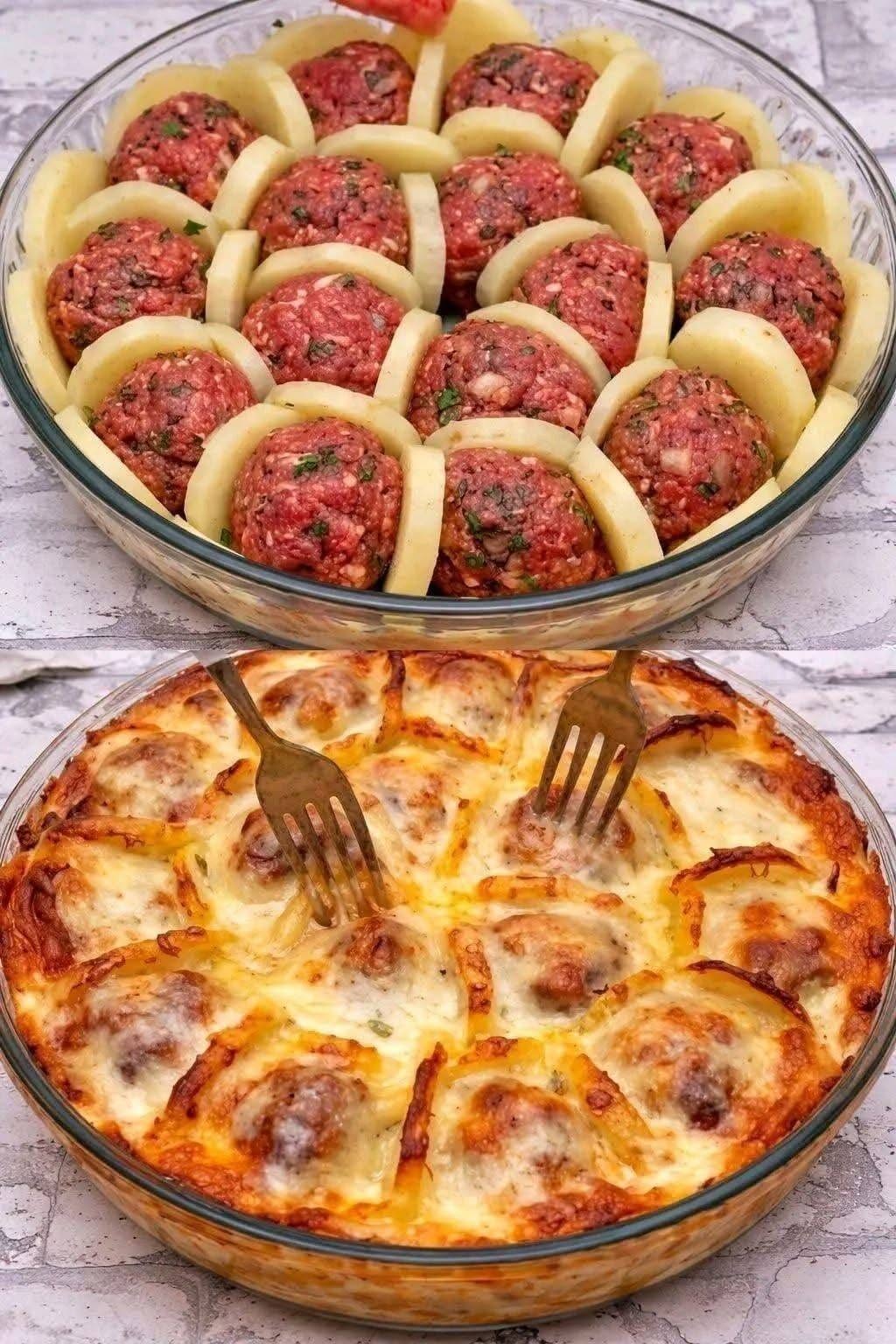 Raw meatballs arranged between potato slices above a finished meatball and potato casserole with golden melted cheese.
