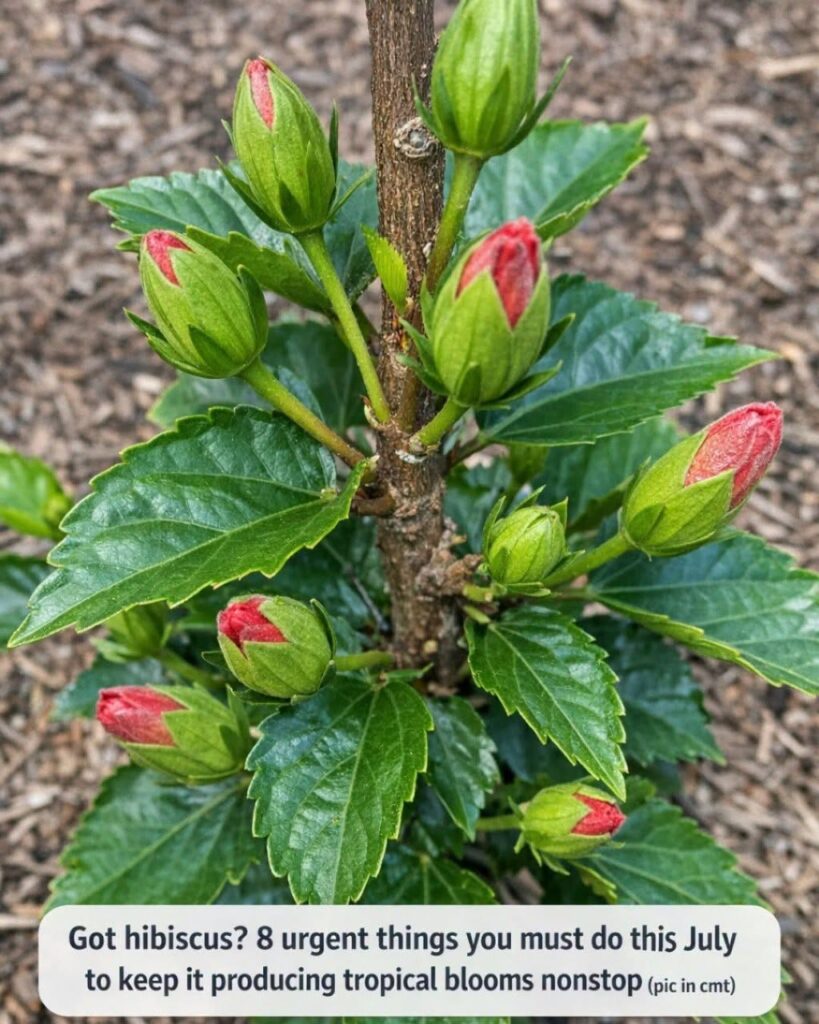 Pink tropical hibiscus buds developing among glossy green leaves in a garden