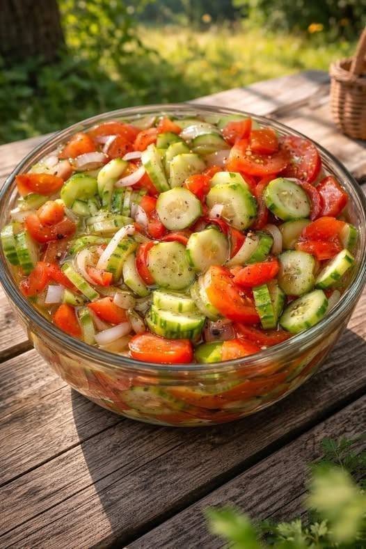 marinated cucumber salad with fresh cucumbers tomatoes onions and herbs