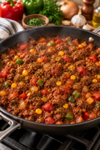 Beef and tomato sauce cooking for cheesy ground beef casserole