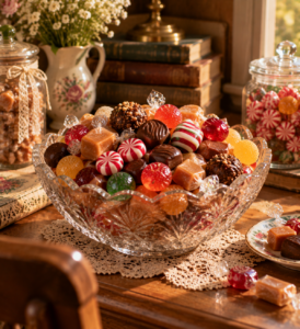old fashioned candy bowl with nostalgic classic sweets