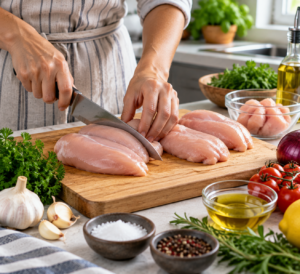 Preparing raw chicken safely before cooking