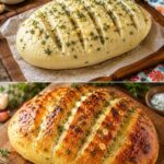 Garlic herb bread shown before baking with scored dough and after baking with a golden crust and thyme.
