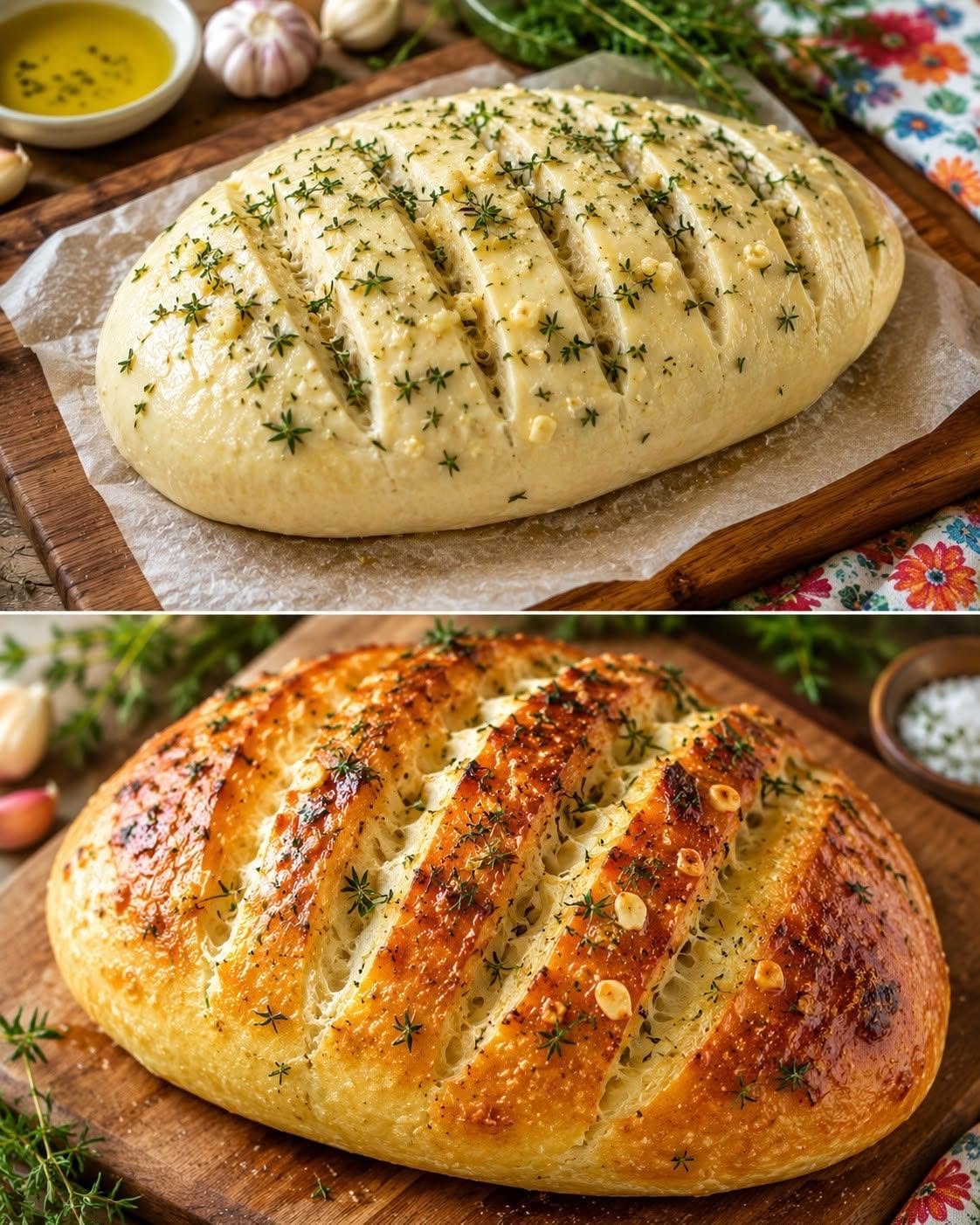 Garlic herb bread shown before baking with scored dough and after baking with a golden crust and thyme.