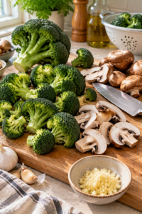Garlic butter broccoli and mushrooms cooking in a skillet