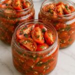 Three glass jars of marinated tomatoes with garlic, fresh herbs, and seasoned tomato juices.