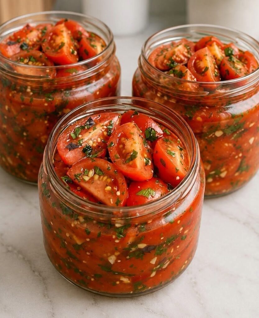 Three glass jars of marinated tomatoes with garlic, fresh herbs, and seasoned tomato juices.