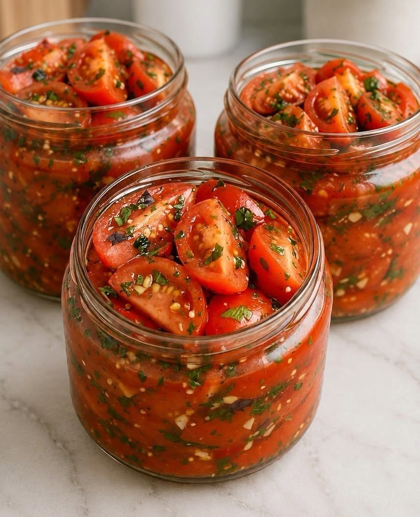 Three glass jars of marinated tomatoes with garlic, fresh herbs, and seasoned tomato juices.