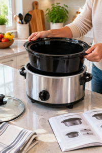 Approved replacement for a cracked slow cooker insert fitted into the correct heating base