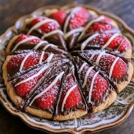 Sliced chocolate strawberry tart topped with fresh strawberries and white chocolate drizzle.