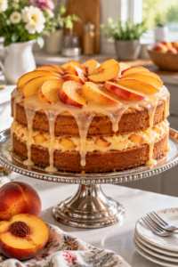 Finished Southern Peach Buttermilk Pound Cake with peach glaze