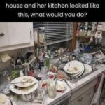 How to clean a messy kitchen filled with dirty dishes, glasses, cookware, food scraps, and clutter