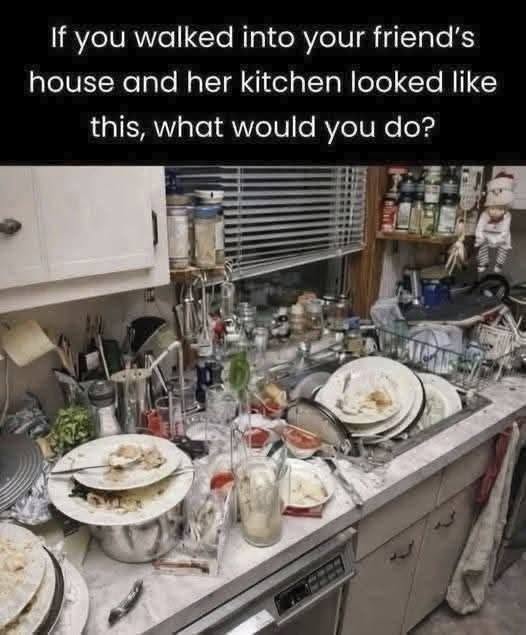 How to clean a messy kitchen filled with dirty dishes, glasses, cookware, food scraps, and clutter