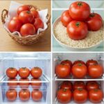 Four methods showing how to store tomatoes using a basket, rice, and refrigerator