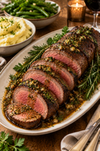 Finished slow cooker beef tenderloin with garlic butter sauce