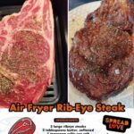 Air fryer ribeye steak shown before and after cooking