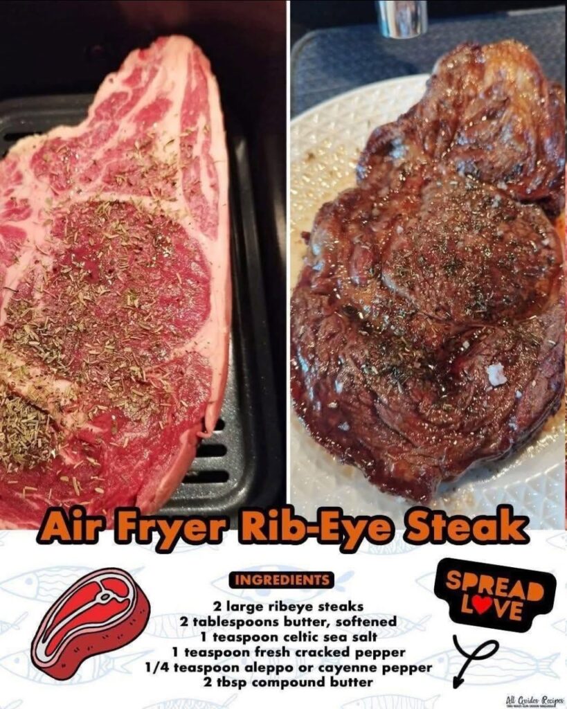Air fryer ribeye steak shown before and after cooking