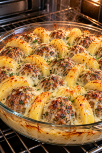 Creamy meatball and potato casserole bubbling as the cheese melts