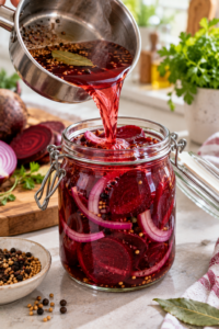 Pouring spiced vinegar brine over Refrigerator Pickled Beets
