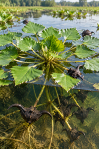 Water caltrop plant forming green floating rosettes in freshwater