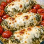 Spinach Pesto Mozzarella Chicken Bake with melted mozzarella cheese and roasted cherry tomatoes
