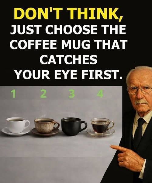 Coffee mug personality test showing four different mugs numbered 1 to 4.