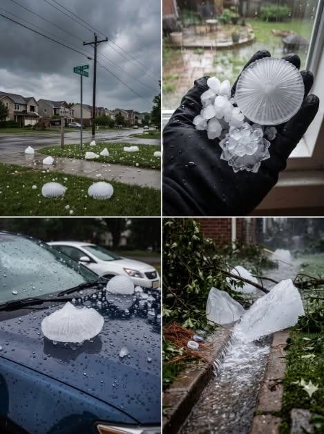 hail storm showing large hailstones and weather damage