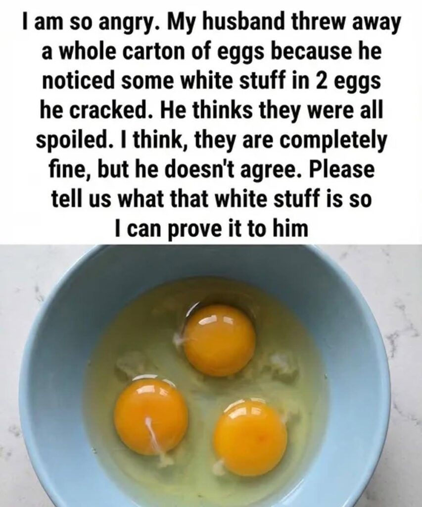 White string in egg attached to three yolks in a bowl