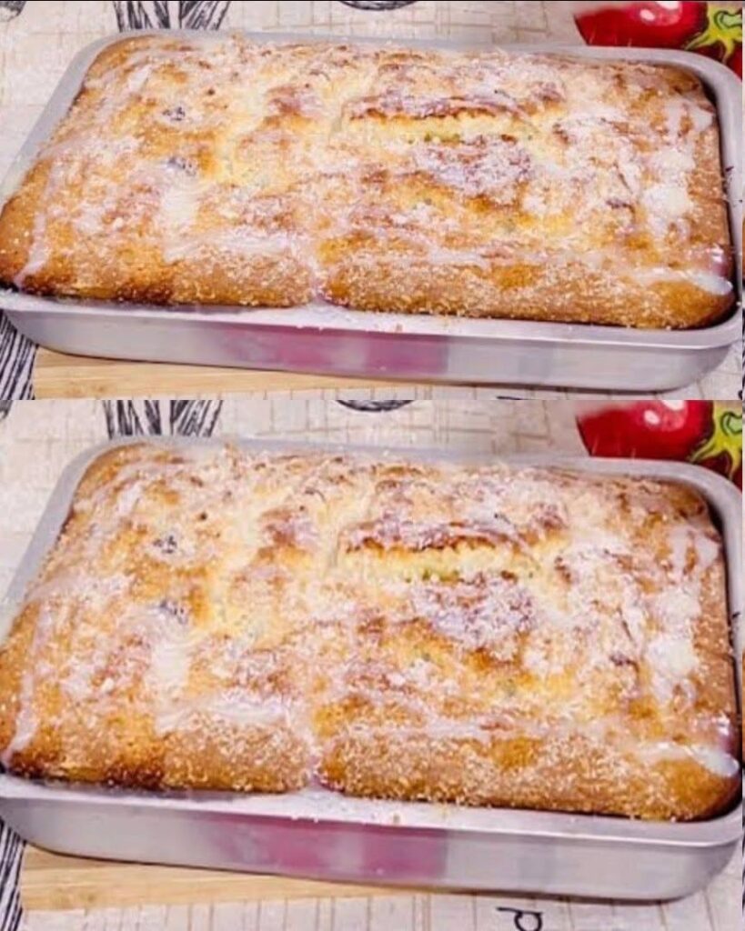 simple old-fashioned cake with powdered sugar and sweet glaze baked in a rectangular dish