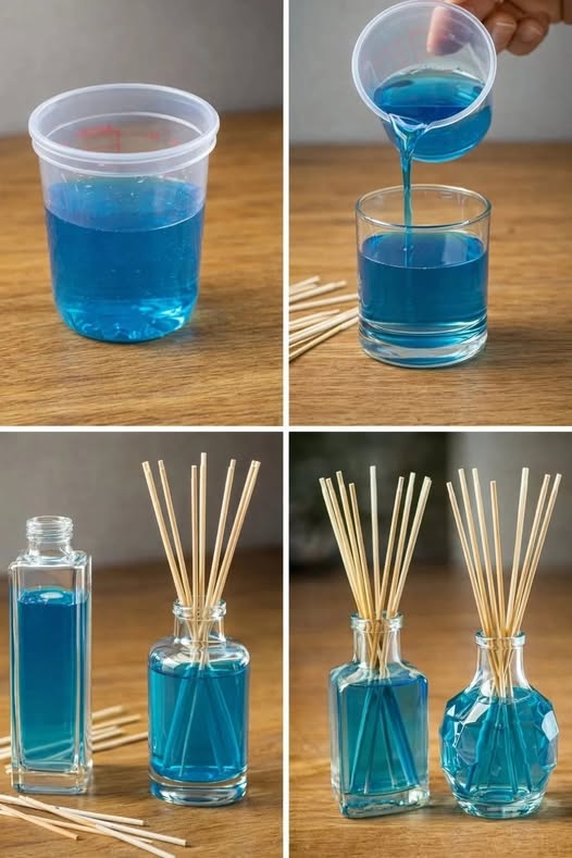 Homemade reed diffuser with scented liquid and natural reeds for home fragrance