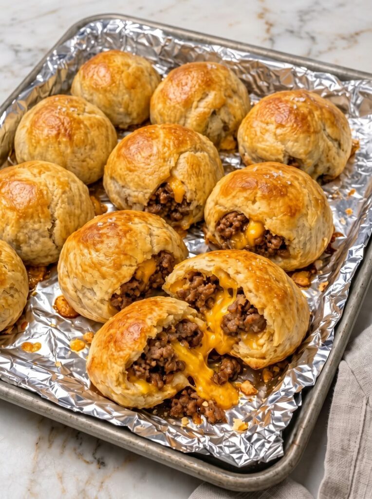 4-Ingredient Beef Crescent Puffs filled with seasoned ground beef and melted cheddar cheese