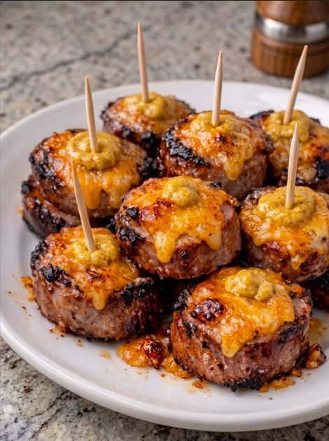 3-Ingredient Cheddar Bratwurst Bites with melted cheddar and golden bratwurst