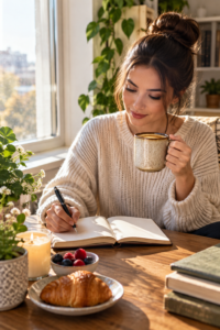 A person enjoying coffee and reflecting after taking a coffee mug personality test.