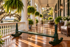 Charleston-green Joggling Board on a historic Southern porch