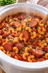 Finished slow cooker sausage pasta with macaroni and smoked sausage in tomato sauce