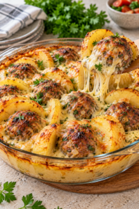 Finished meatball and potato casserole with golden cheese and creamy sauce