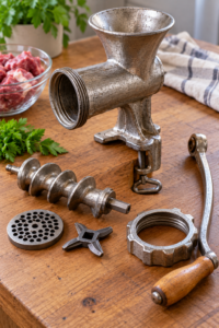 Parts of a vintage meat grinder laid out to show the spiral shaft, blade, and grinding plate.