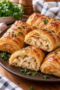 Golden chicken puff pastry rolls with creamy chicken filling and fresh herb garnish.