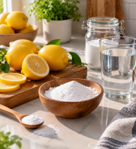 baking soda and lemon water drink served with fresh lemon
