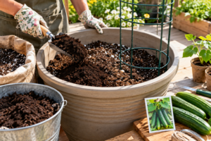 Preparing potting soil for growing cucumbers in containers