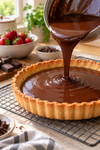 Chocolate ganache being poured into the baked crust for chocolate strawberry tart.