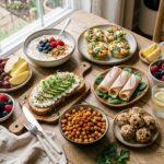 High Protein Snacks assortment with yogurt, eggs and protein balls