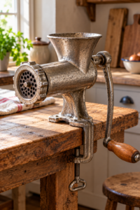 Vintage meat grinder displayed on a kitchen worktable with its hand crank and clamp visible.