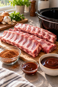 Seasoned pork rib sections and measured sauce ready for slow cooker BBQ ribs.
