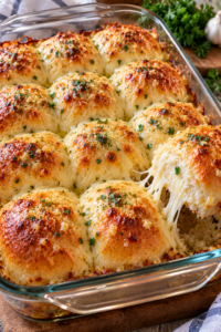 Finished cheesy garlic dinner rolls with golden cheese tops and a melted mozzarella center