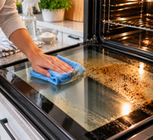 Cleaning oven glass door with a microfiber cloth
